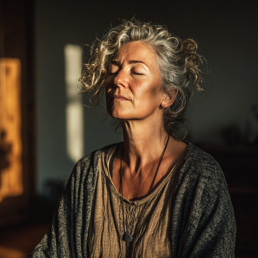 Peaceful middle-aged woman sitting in meditation pose with eyes closed in natural sunlight showing inner tranquility